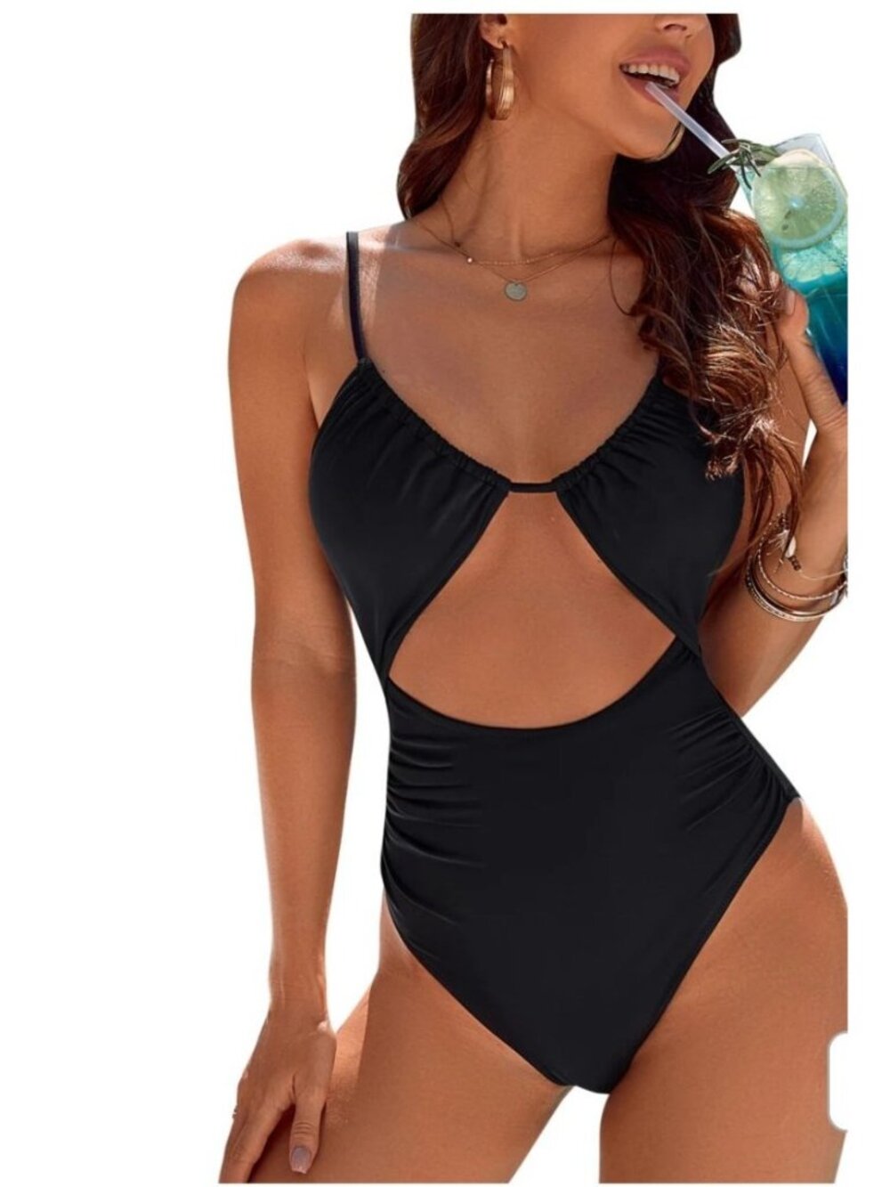 Womens XL Cut-Out Tummy Control One-Piece Monokini Swimsuit Black Beach